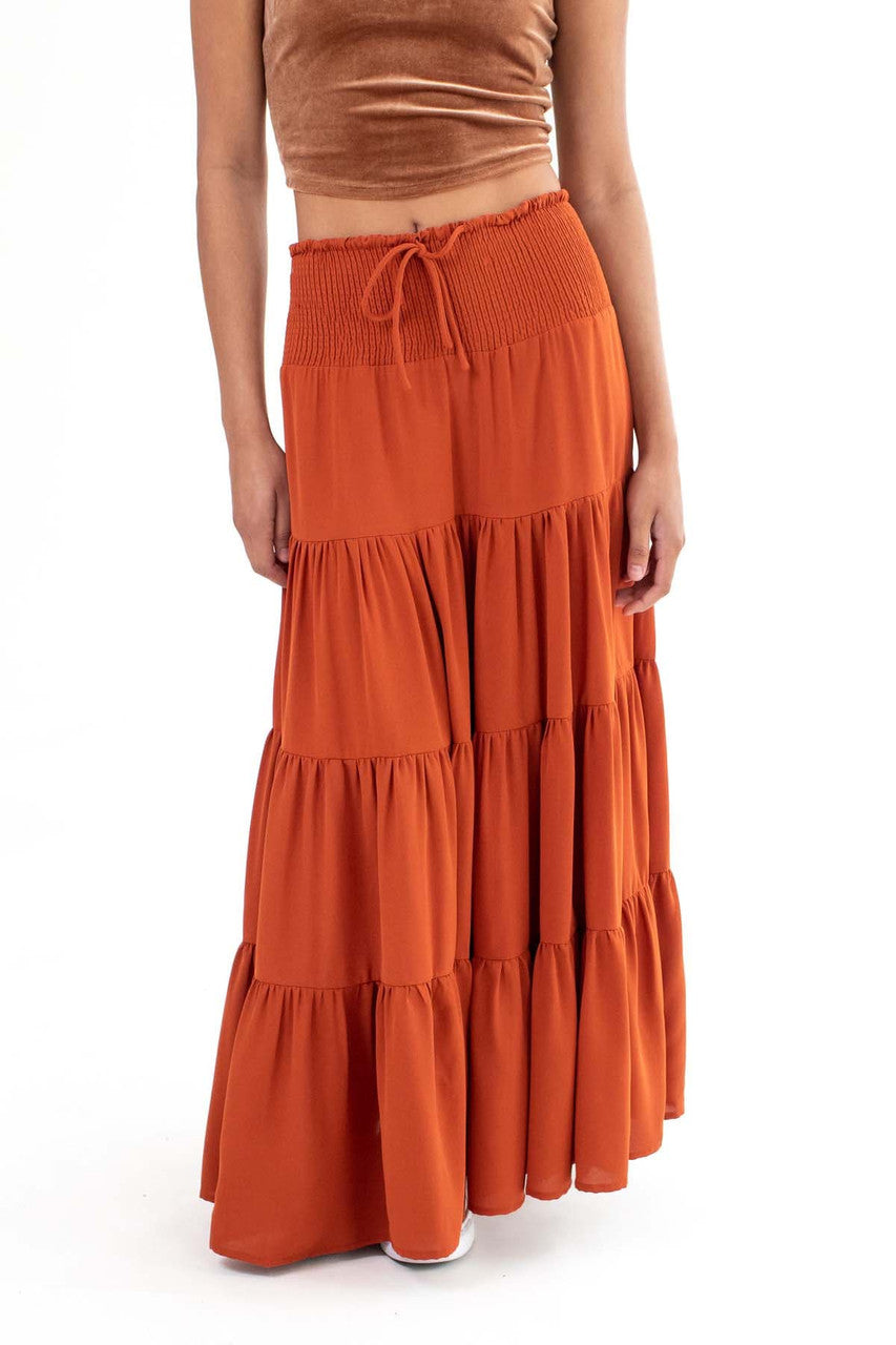Rust Smocked Waist Maxi Skirt