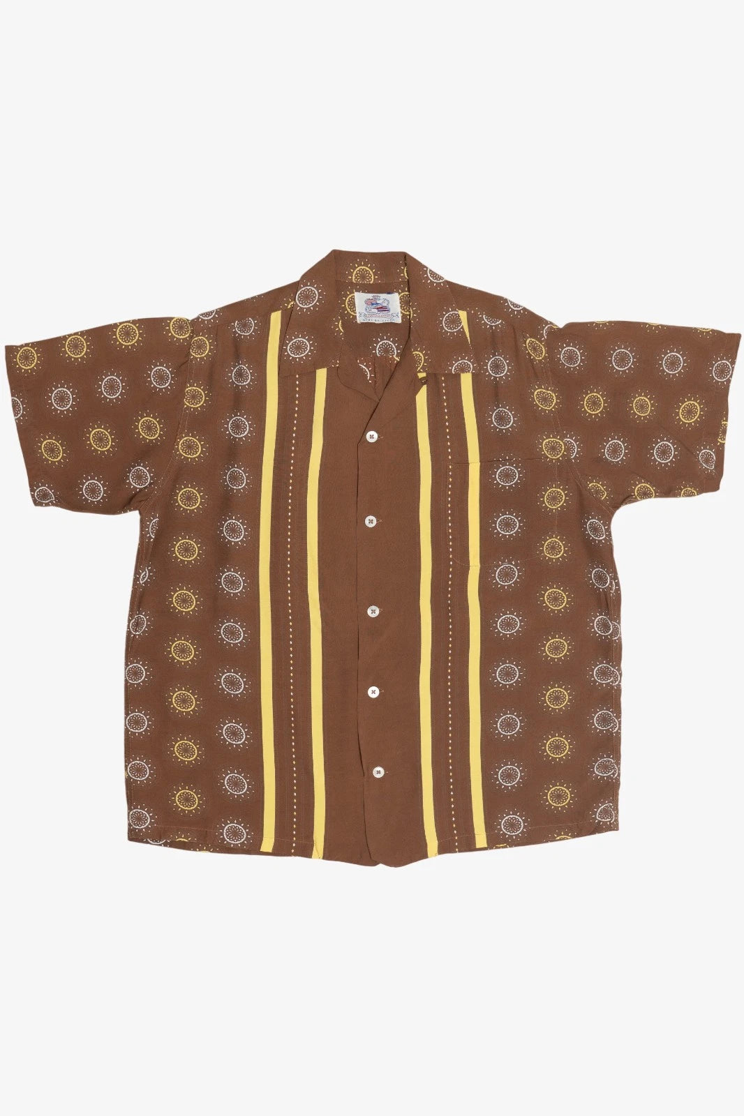 Brown shirt with yellow stripes and floral patterns on a white background