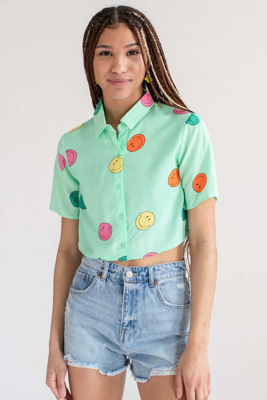 Green Smiley Cropped Button Up Shirt