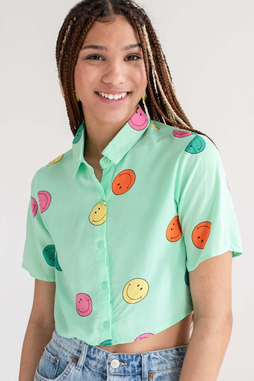 Green Smiley Cropped Button Up Shirt