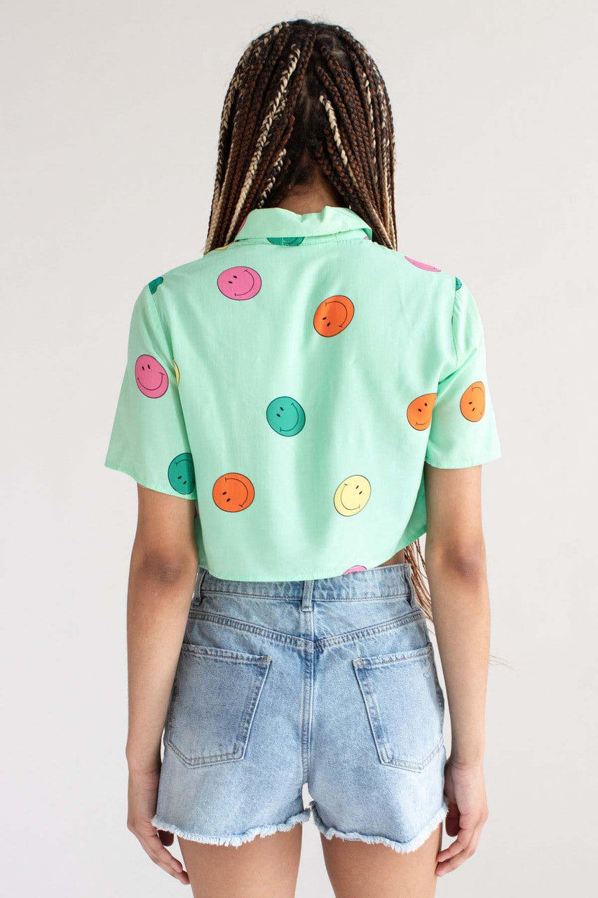 Green Smiley Cropped Button Up Shirt