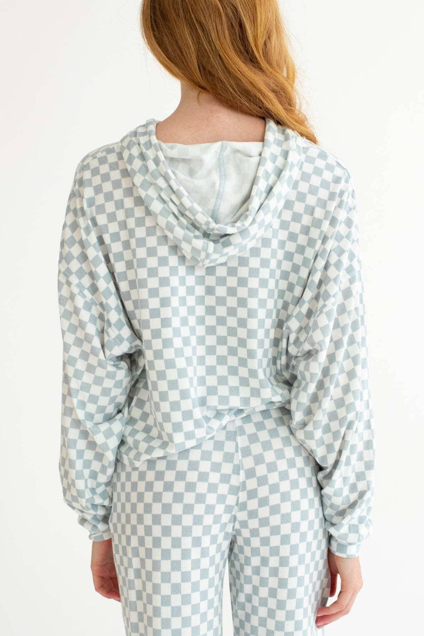 Smoke Blue Checkered Oversized Hoodie