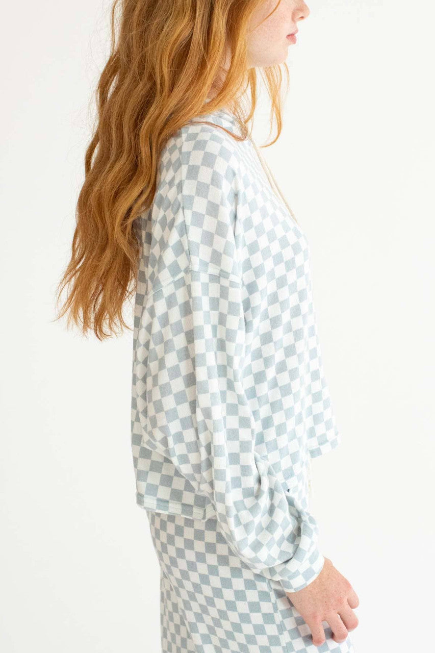 Smoke Blue Checkered Oversized Hoodie
