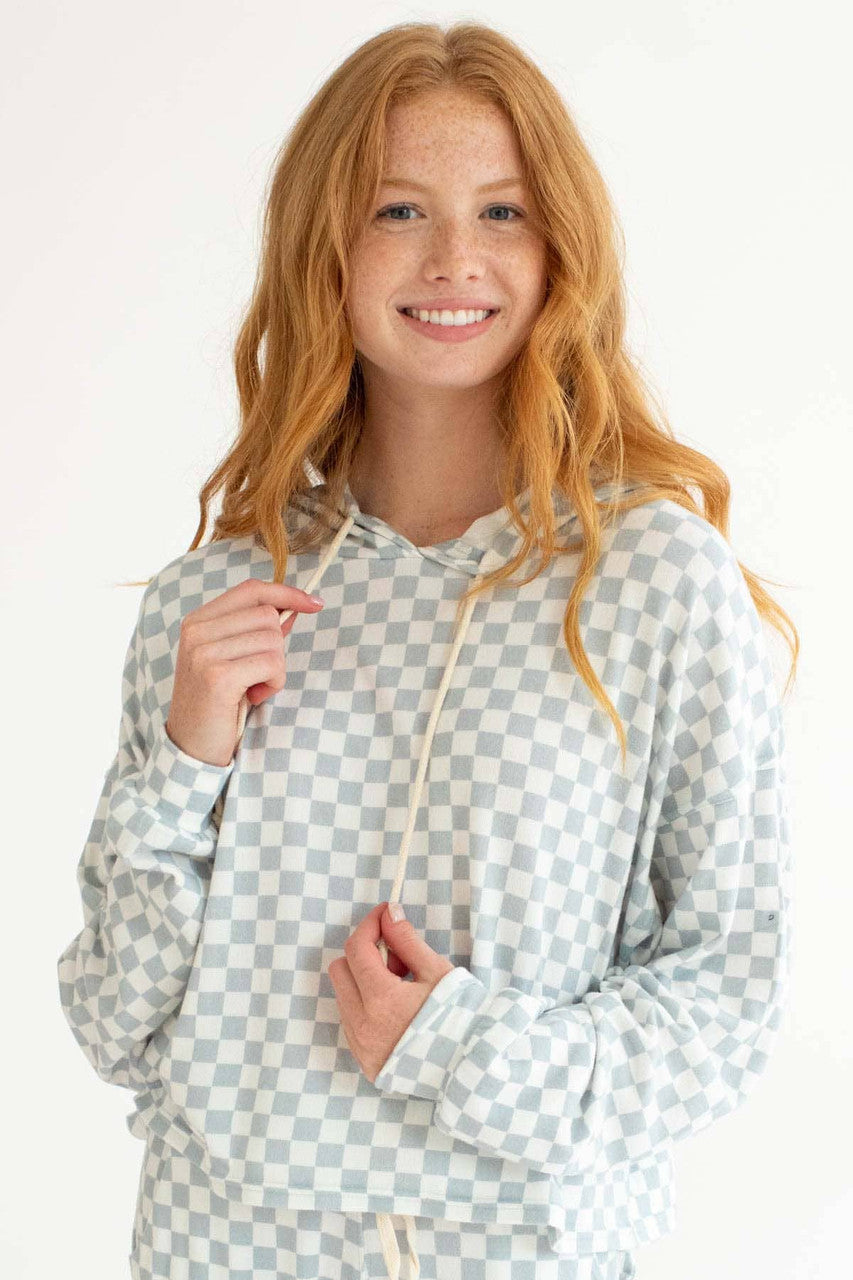 Smoke Blue Checkered Oversized Hoodie