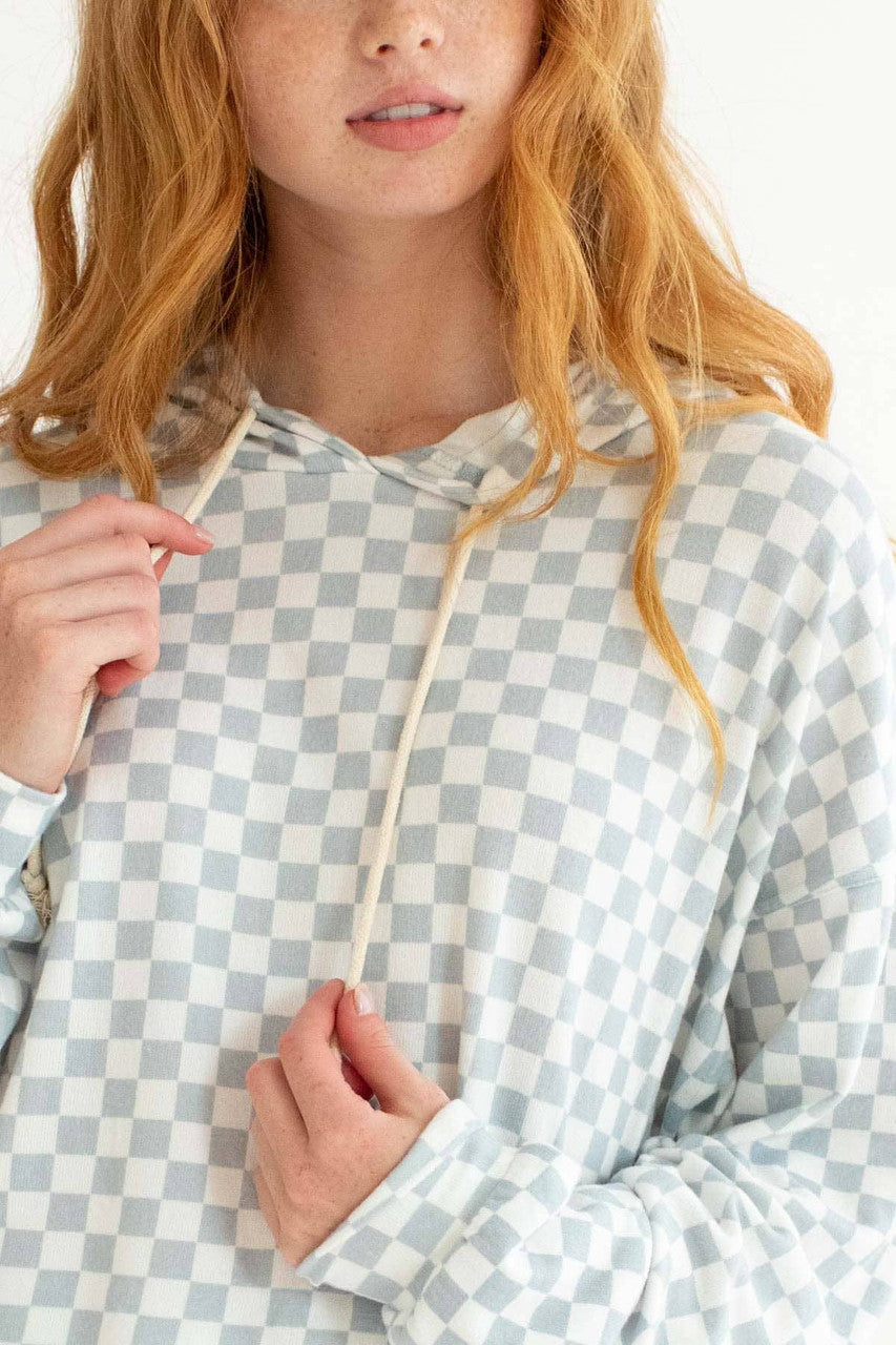 Smoke Blue Checkered Oversized Hoodie