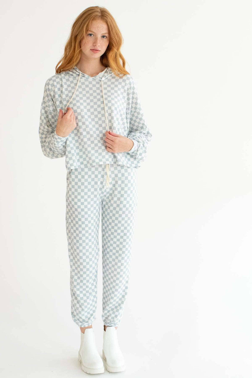 Smoke Blue Checkered Oversized Hoodie