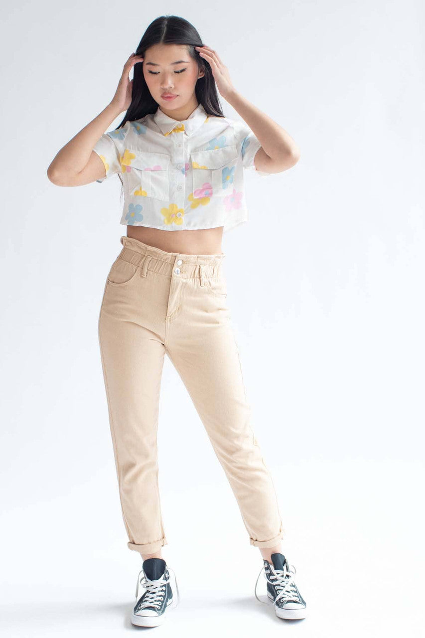 Spring Floral Cropped Button Up Shirt