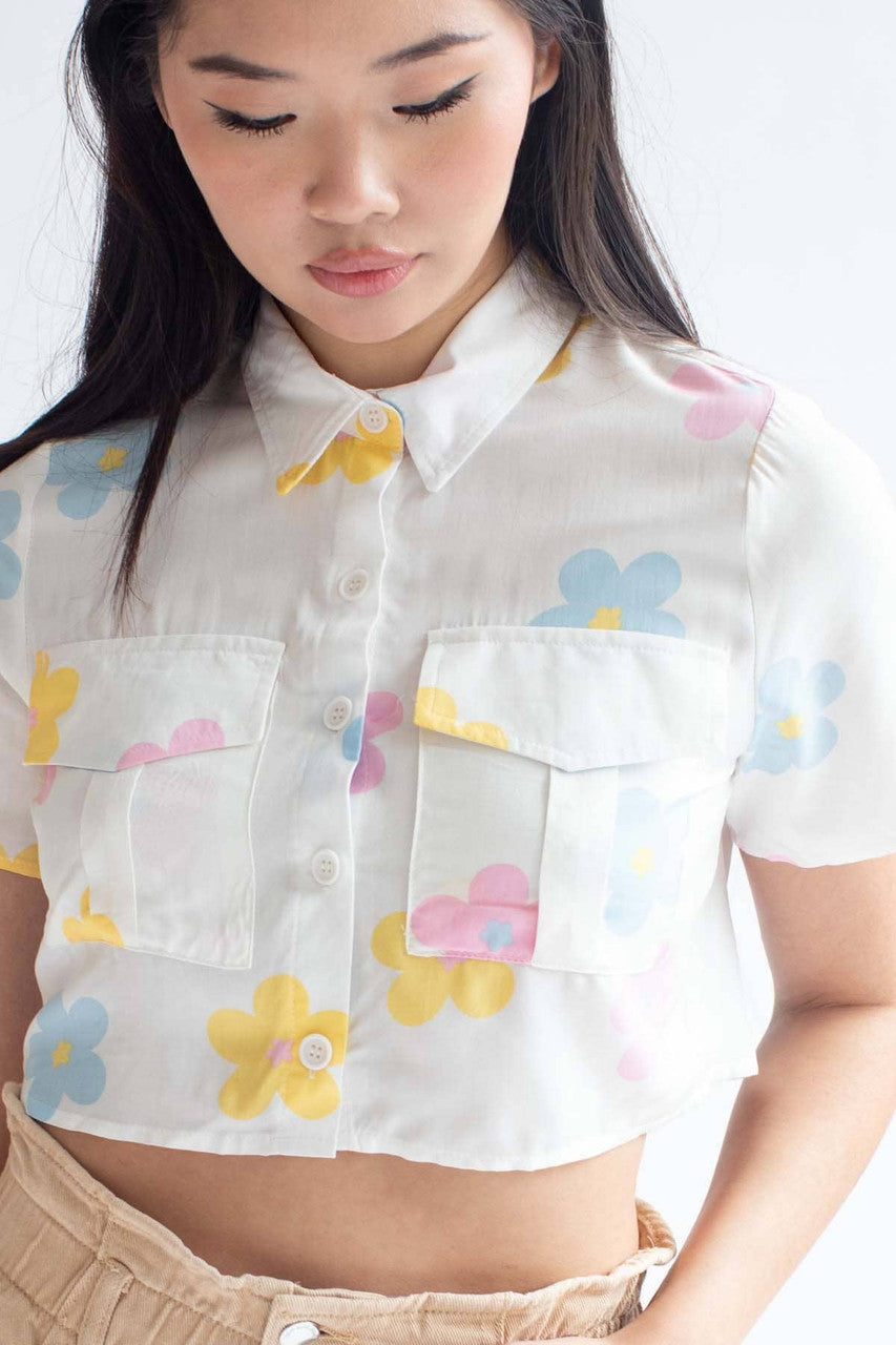 Spring Floral Cropped Button Up Shirt