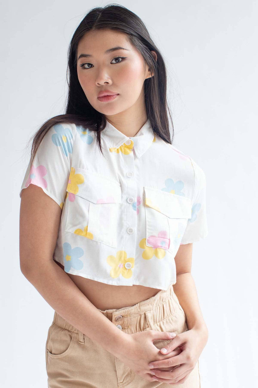 Spring Floral Cropped Button Up Shirt