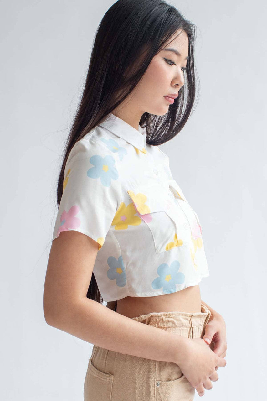 Spring Floral Cropped Button Up Shirt