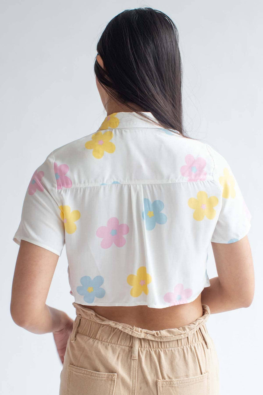 Spring Floral Cropped Button Up Shirt