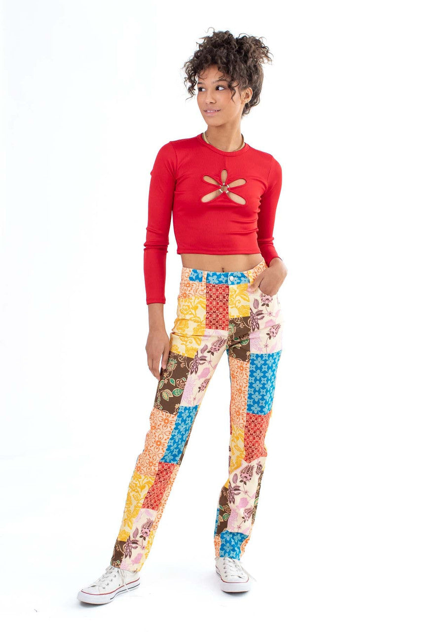 Straight Leg Patchwork Print Jeans