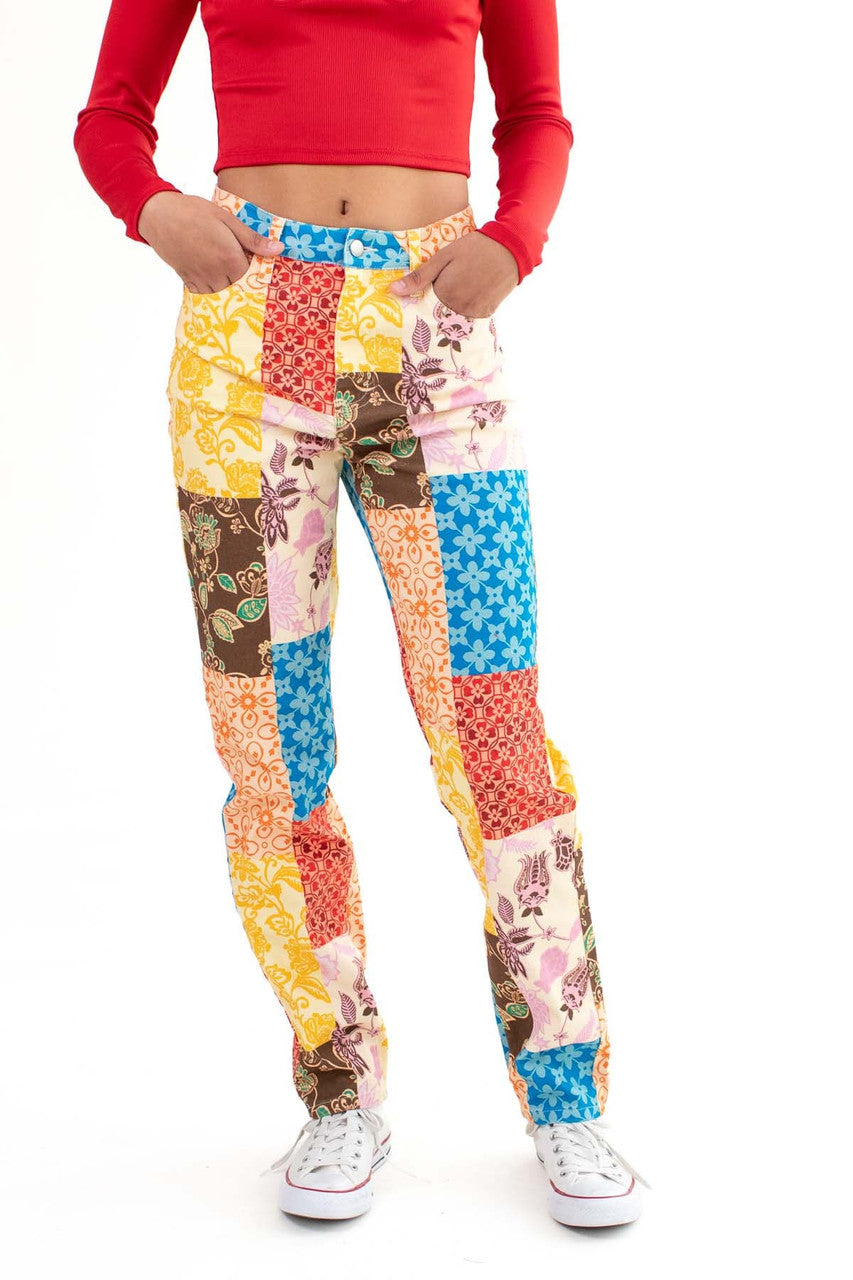 Straight Leg Patchwork Print Jeans
