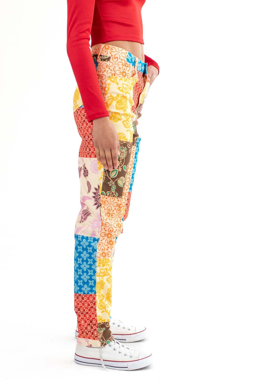Straight Leg Patchwork Print Jeans