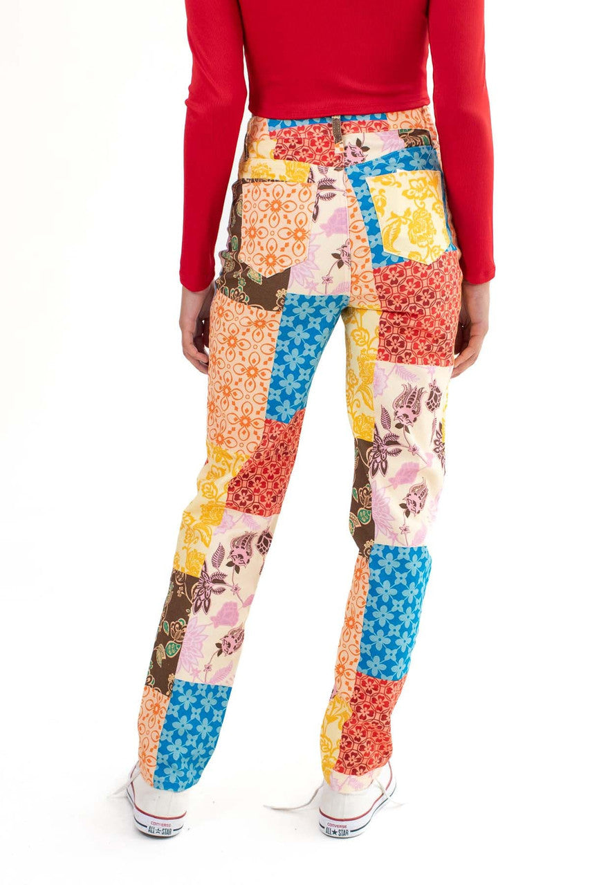 Straight Leg Patchwork Print Jeans