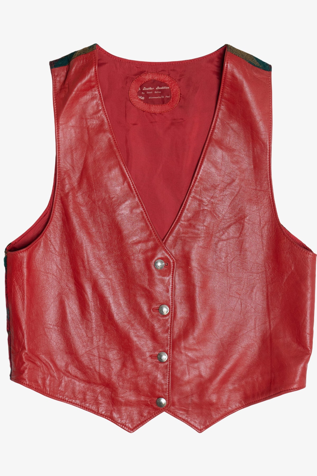 Vintage Sandi Holien Red Leather & Southwest Print Vest (1980s)