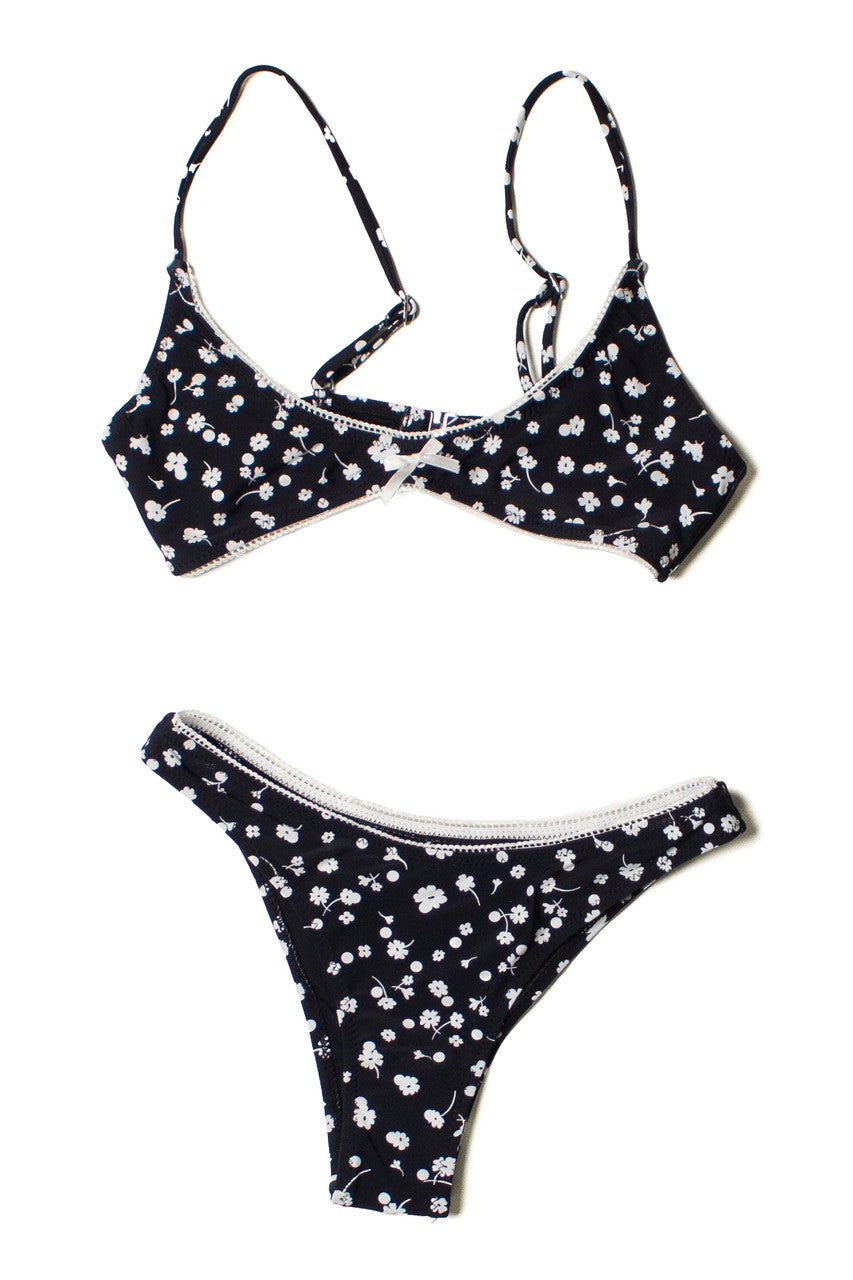 Black & White Floral Lace Trim Bikini Top