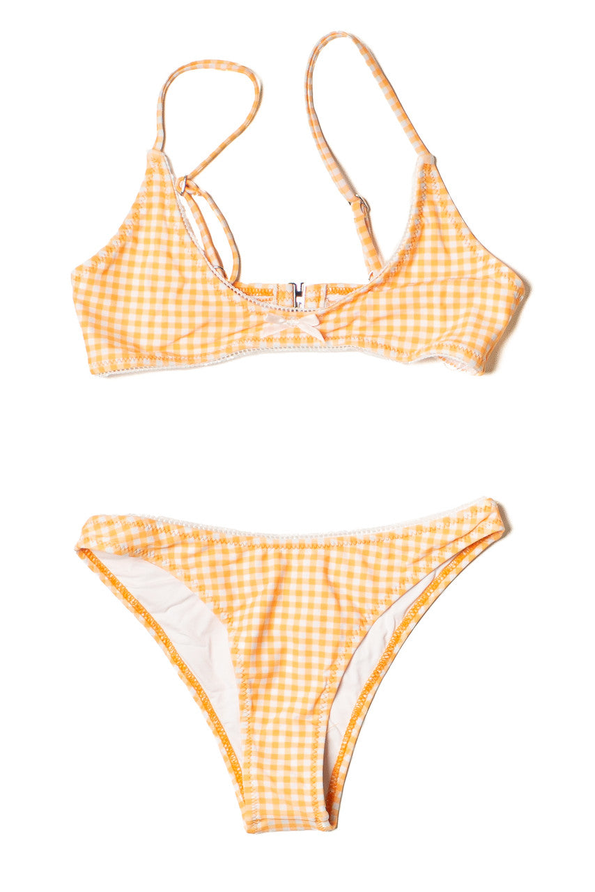 Orange Gingham Lace Trim Bikini Top
