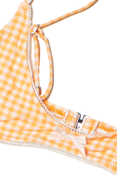 Orange Gingham Lace Trim Bikini Top