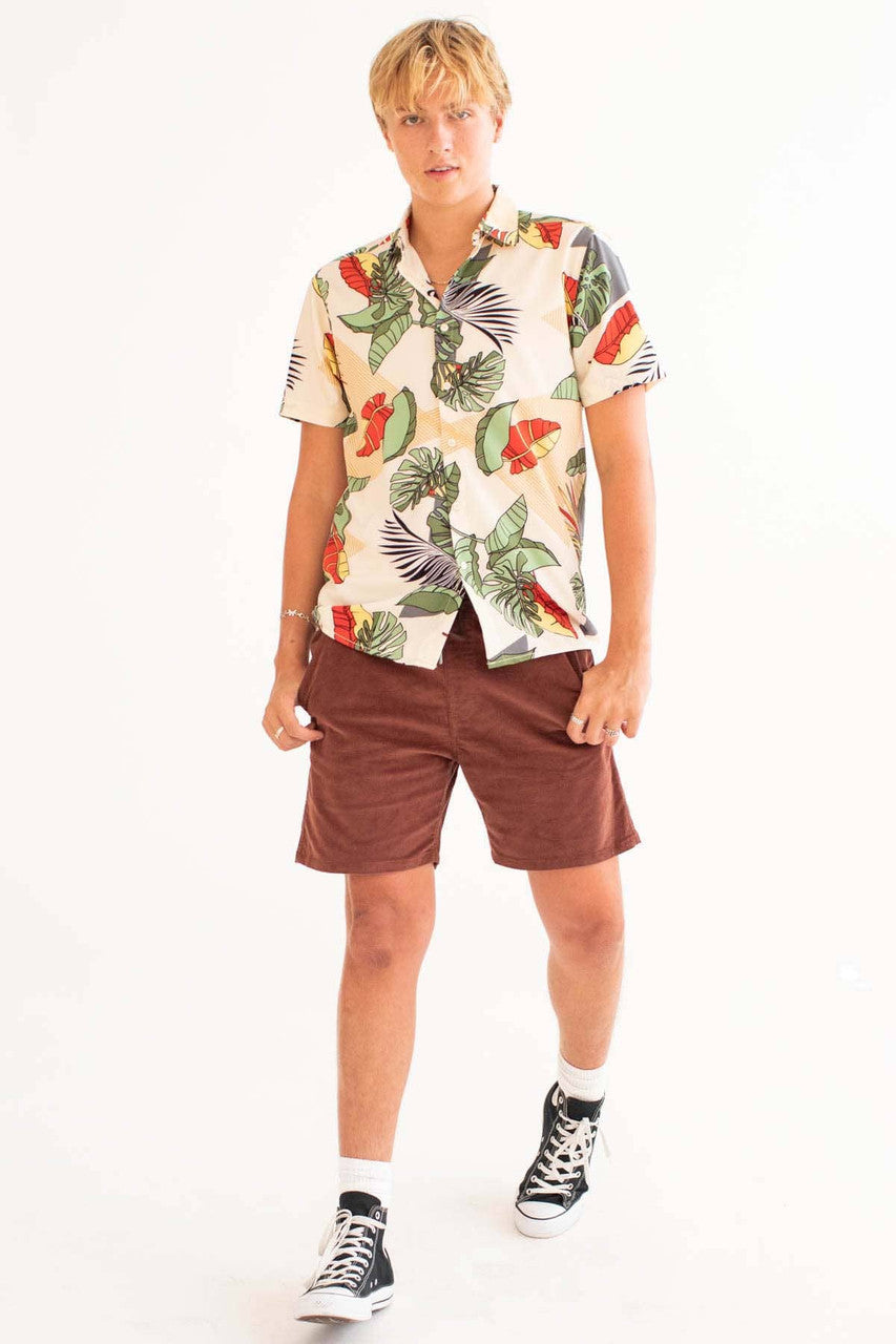 Tan Leaves Triangle Print Button Up Shirt