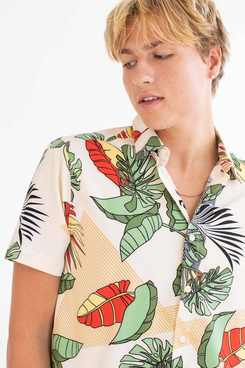 Tan Leaves Triangle Print Button Up Shirt