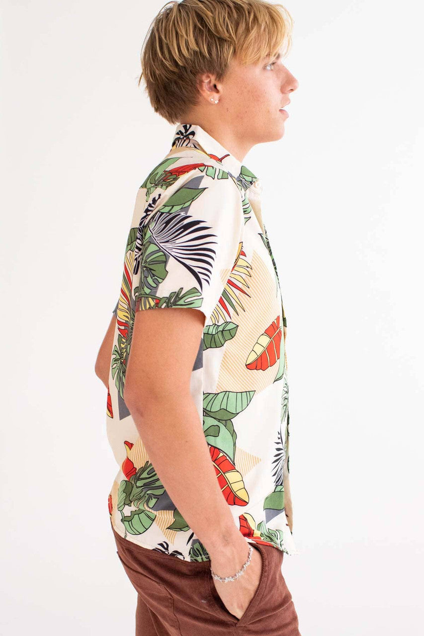 Tan Leaves Triangle Print Button Up Shirt