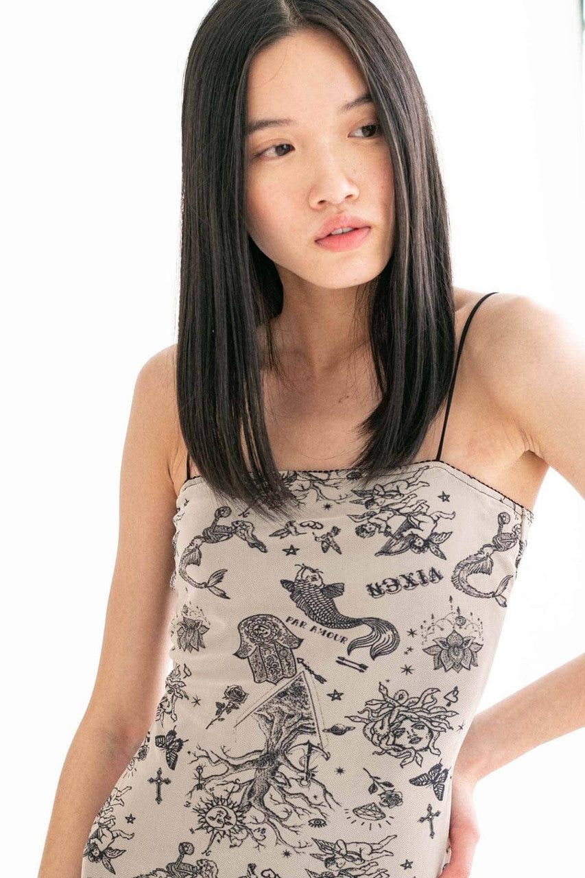 Tattoo Print Mesh Tank Dress