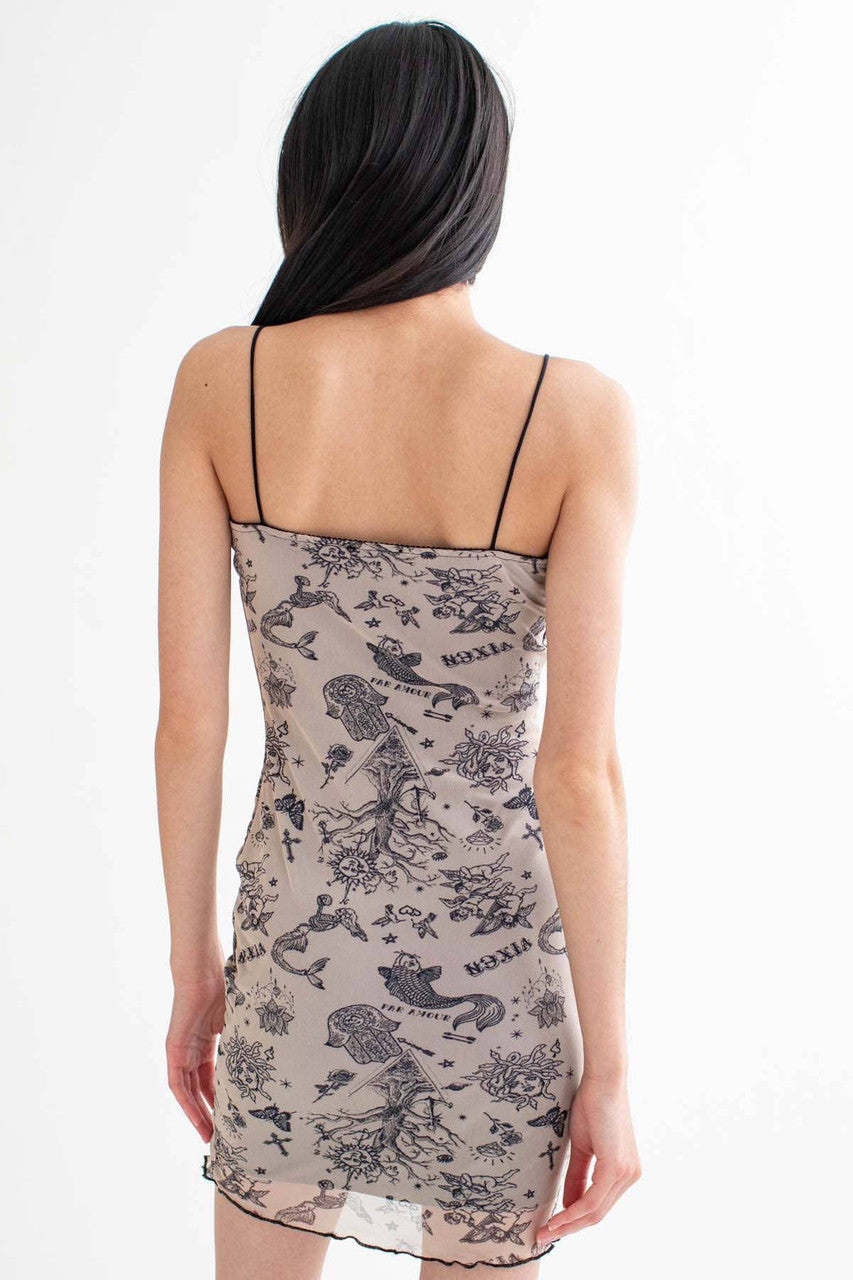 Tattoo Print Mesh Tank Dress