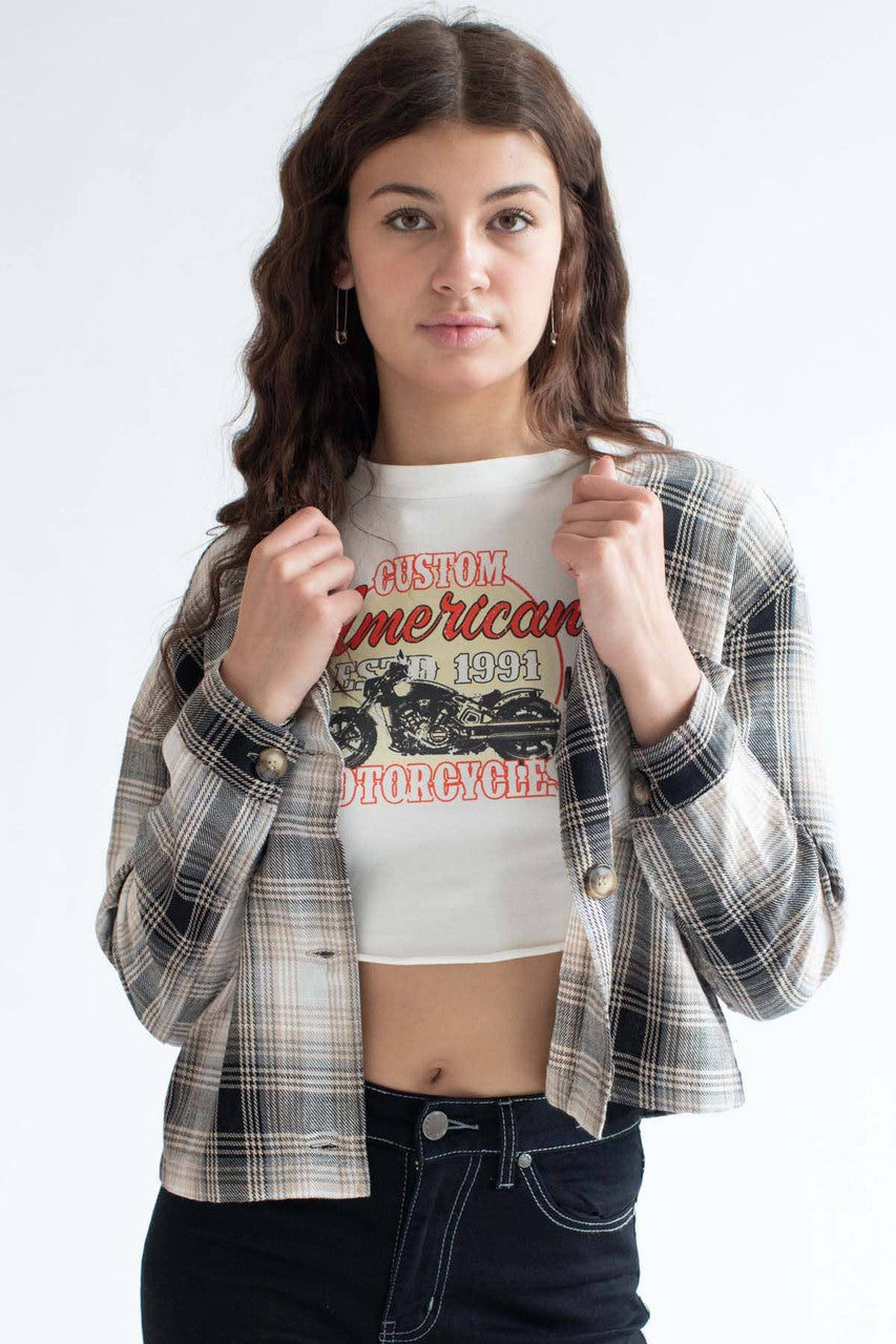 Taupe Linen Blend Plaid Cropped Jacket