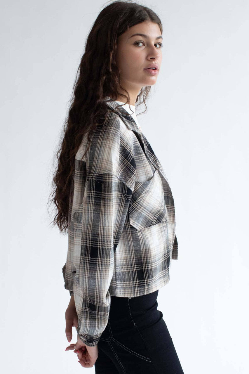 Taupe Linen Blend Plaid Cropped Jacket