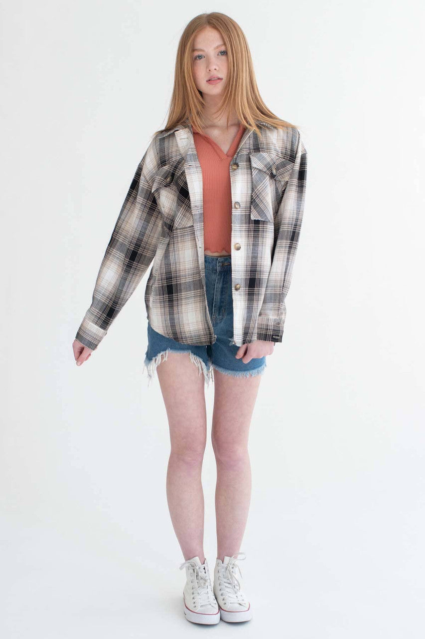 Taupe Linen Blend Plaid Shirt Jacket