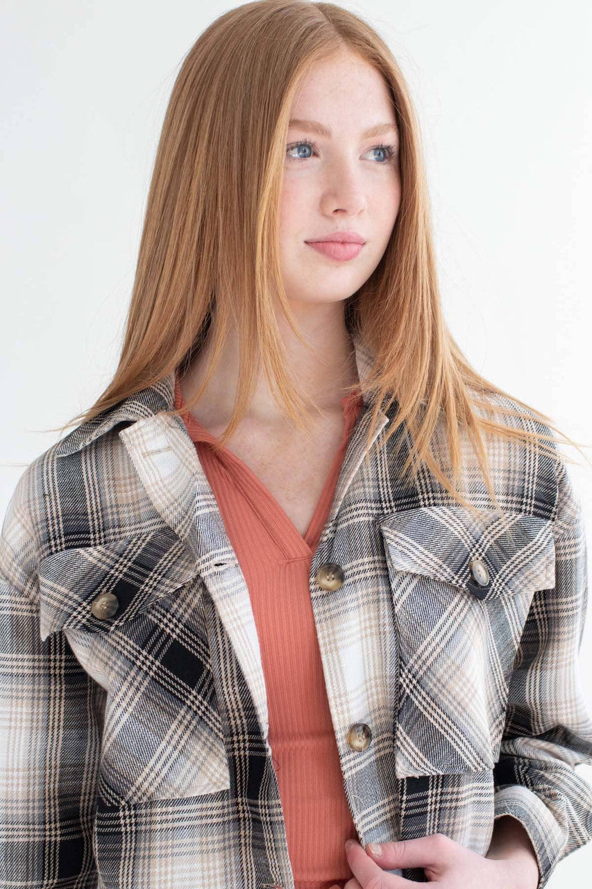 Taupe Linen Blend Plaid Shirt Jacket