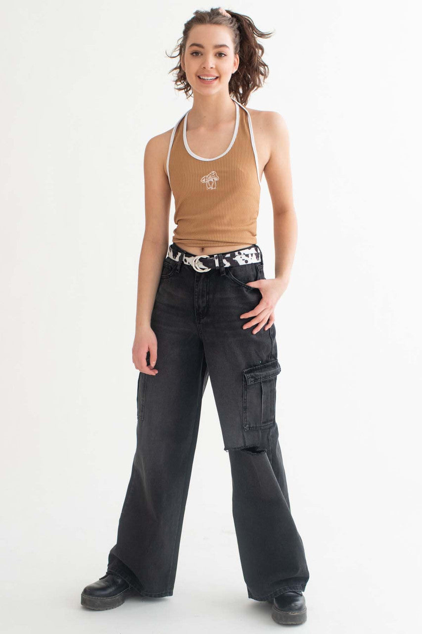 Taupe Mushroom Embroidered Halter Top