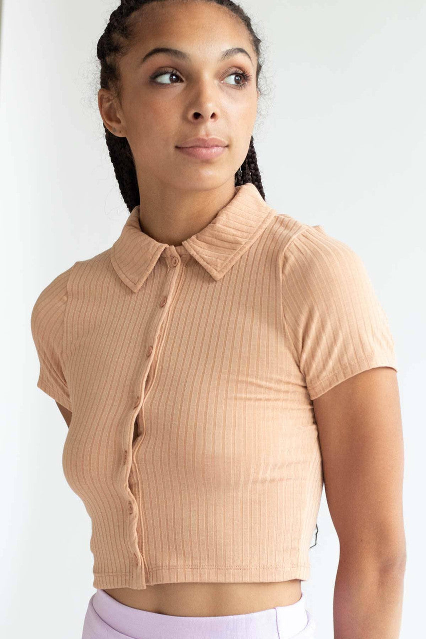 Taupe Ribbed Button Up Tee