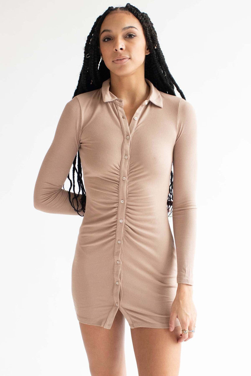 Taupe Ruched Long Sleeve Shirt Dress