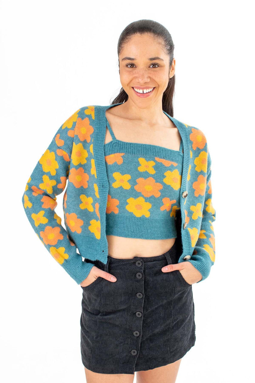Teal Daisy Print Cardigan