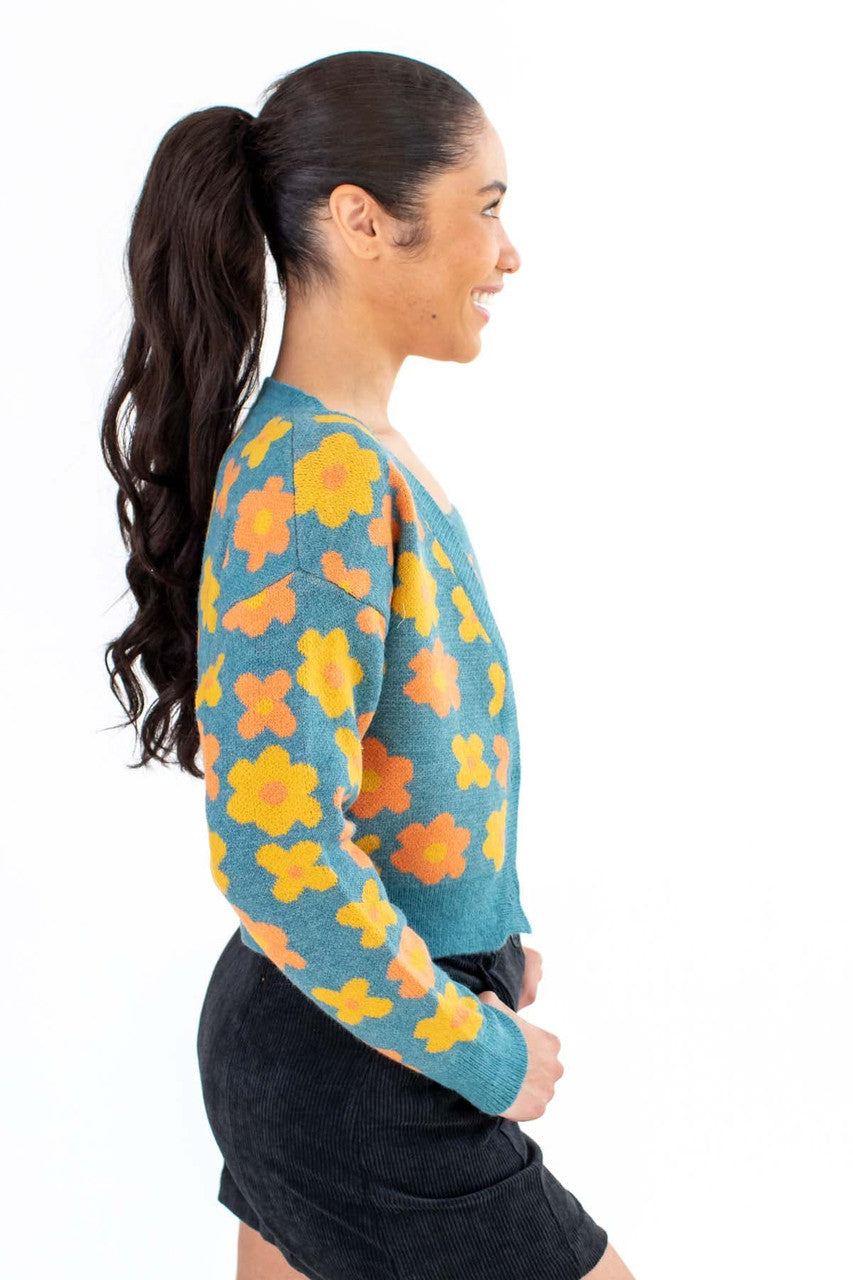 Teal Daisy Print Cardigan