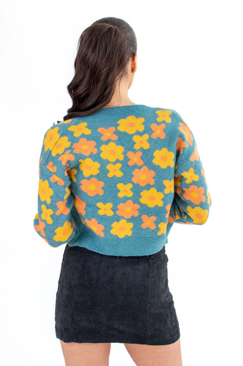 Teal Daisy Print Cardigan