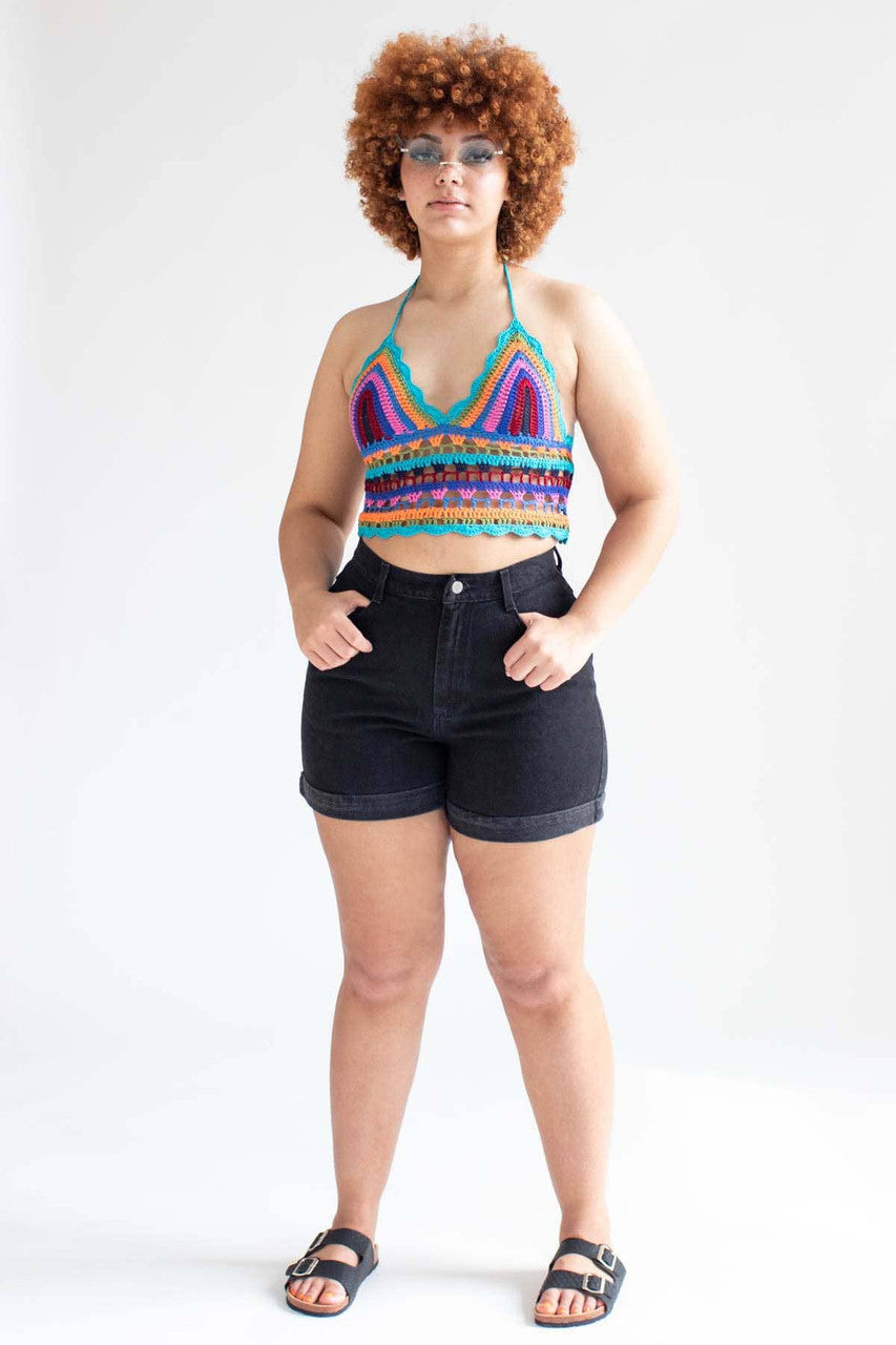 Teal Multicolor Crochet Halter Crop