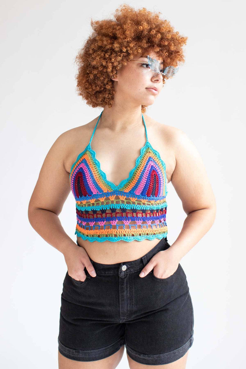 Teal Multicolor Crochet Halter Crop