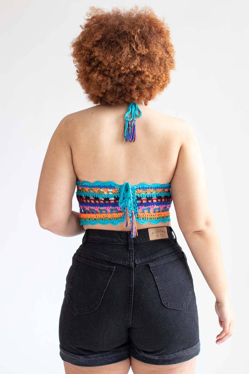 Teal Multicolor Crochet Halter Crop