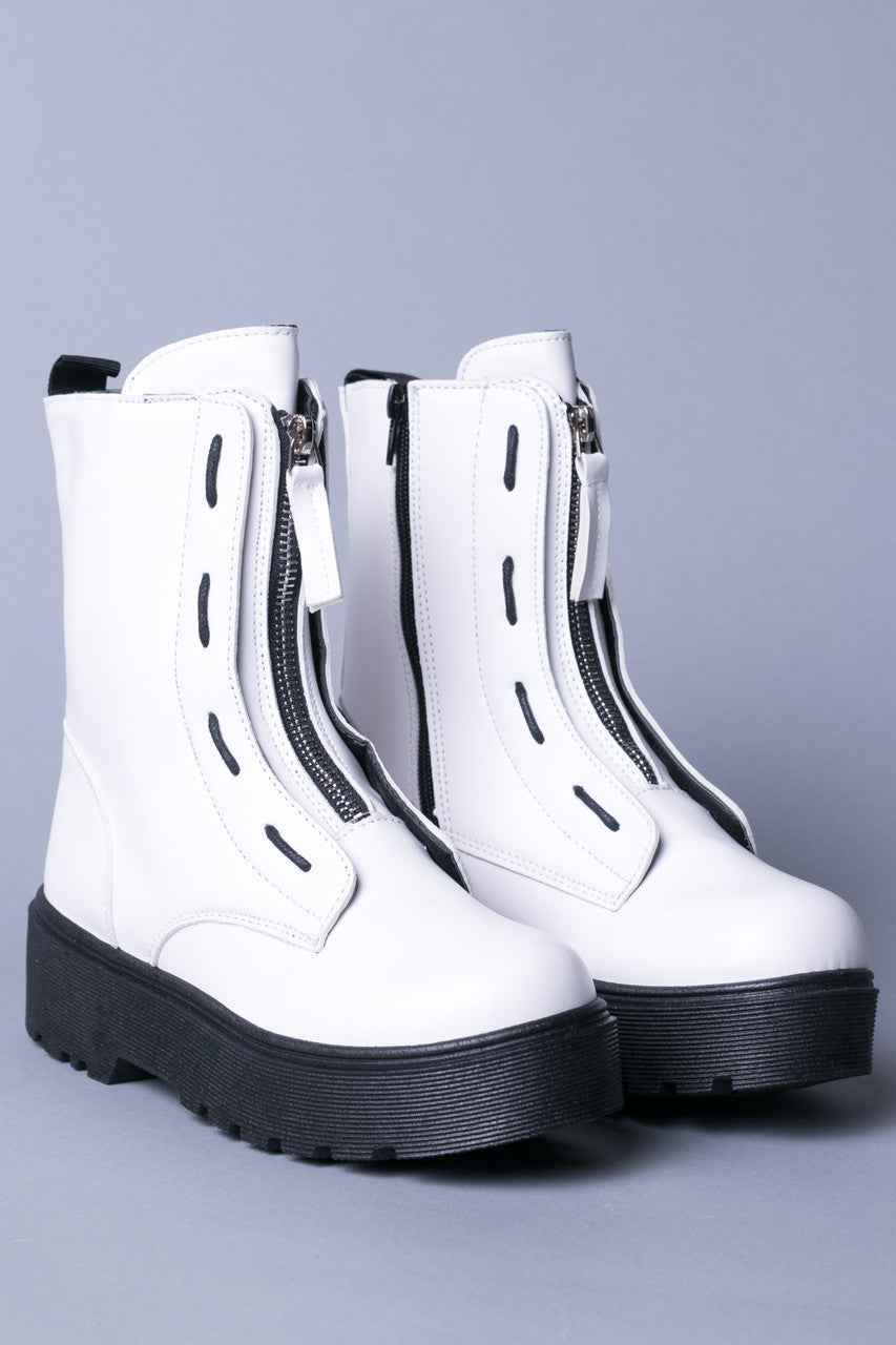 Matte White Threaded Zip Front Platform Boots
