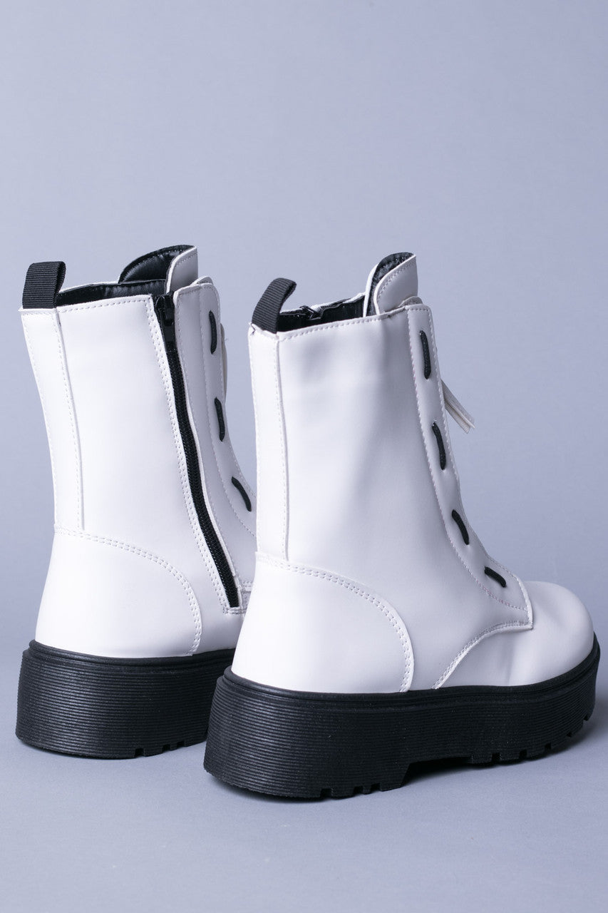 Matte White Threaded Zip Front Platform Boots