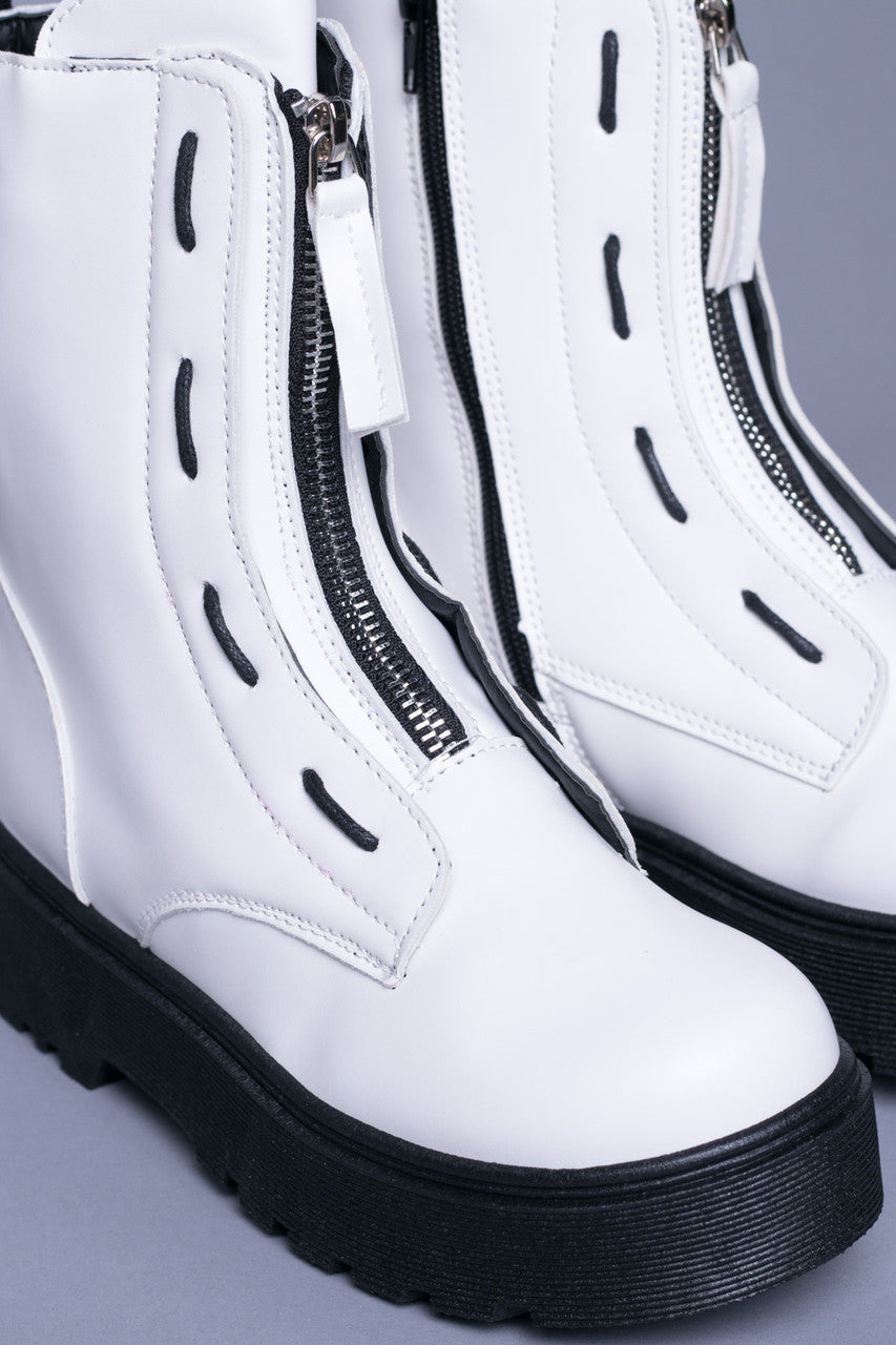 Matte White Threaded Zip Front Platform Boots