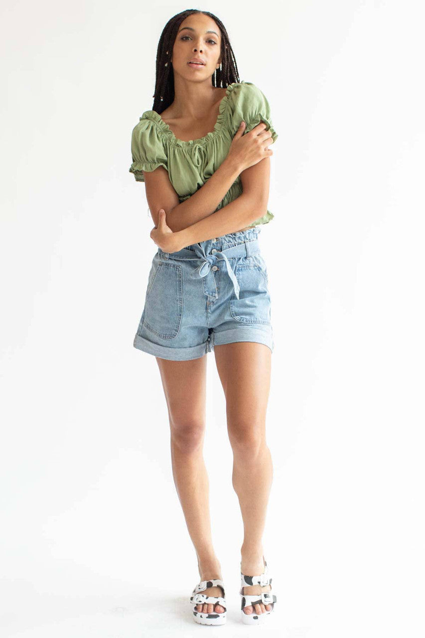 Tie Belt Paper Bag Waist Denim Shorts