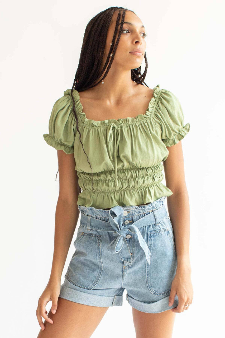 Tie Belt Paper Bag Waist Denim Shorts