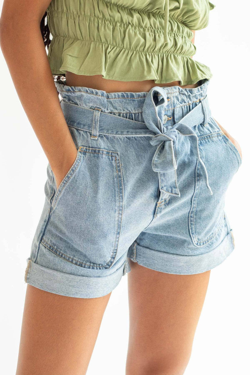 Tie Belt Paper Bag Waist Denim Shorts