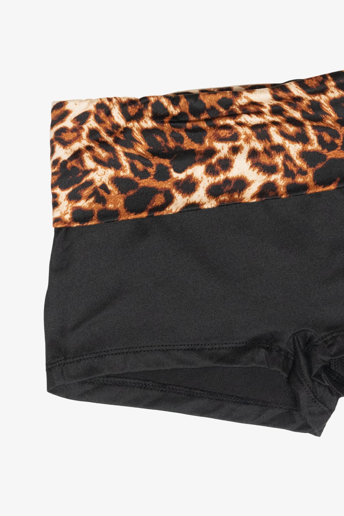 Close-up of a pair of black underwear or shorts with a leopard print waistband, shown on a plain light background.