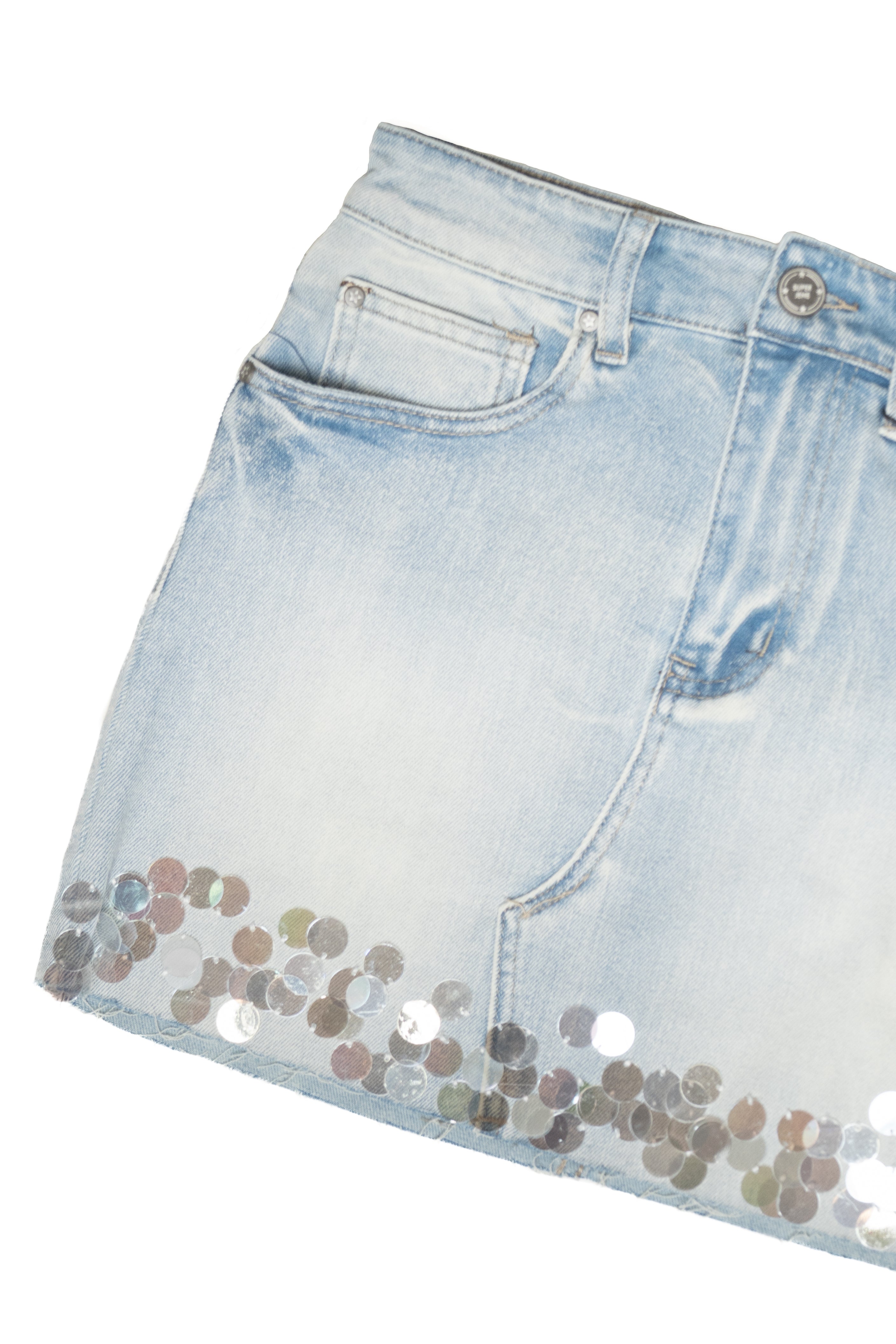 Round Sequin Trim Denim Skirt