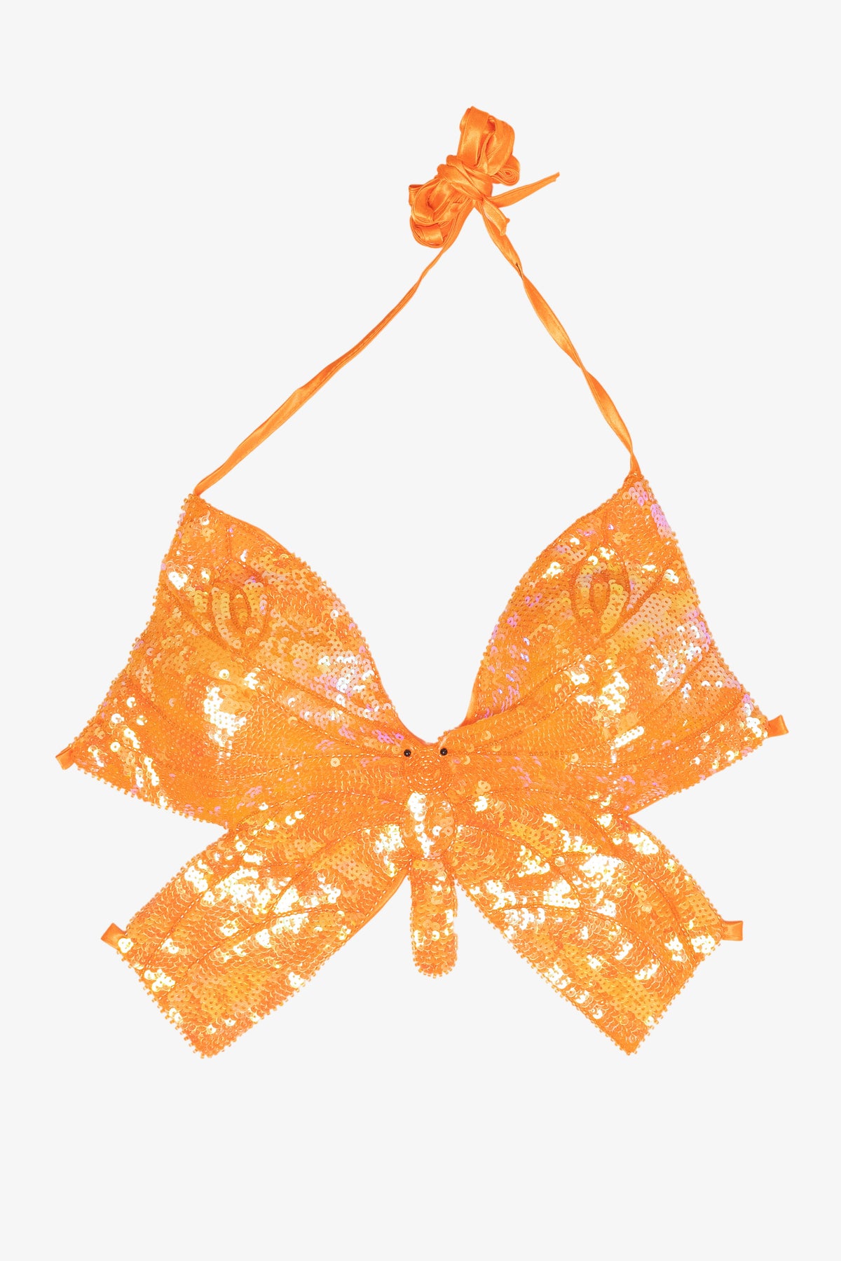 Bright orange sequin butterfly halter top
